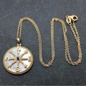 Beautiful Compass Necklace 18" Sterling Silver 14k Goldplate Mother of Pearl